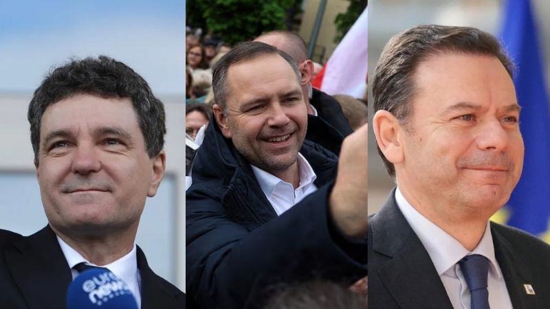 De izquierda a derecha: el candidato Nicușor Dan, vencedor de las elecciones en Rumanía; el populista Karol Nawrocki quien obtuvo el 29,1% de los votos en la primera vuelta de las elecciones de Polonia; y el lider de la coalición conservadora Alianza Democrática, Luís Montenegro, ganador de las elecciones en Portugal. Foto: El Objetivo.