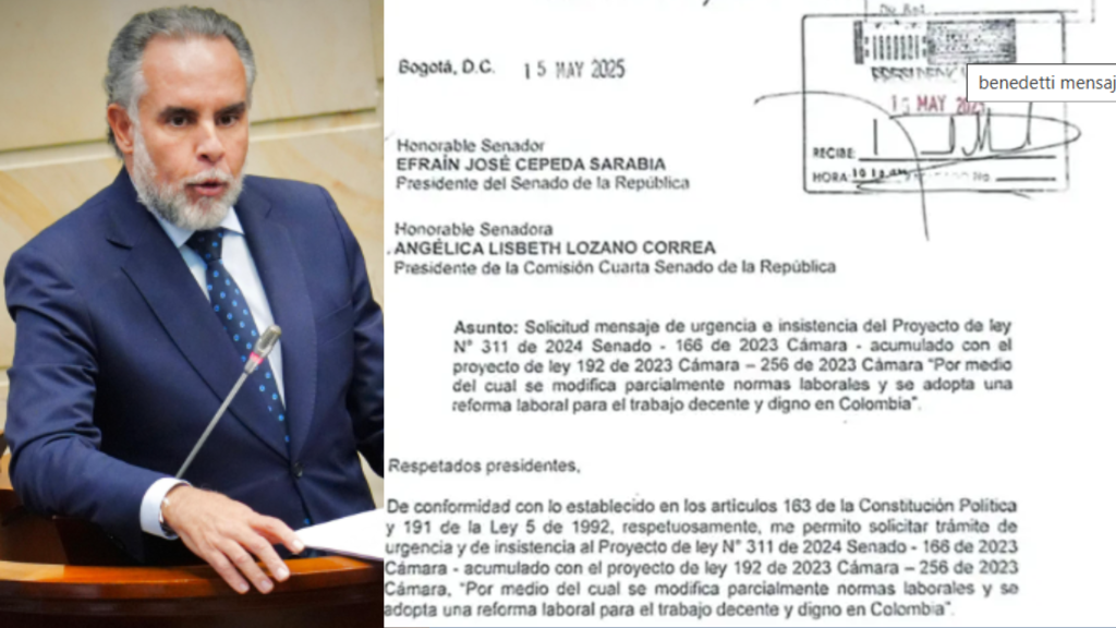 El ministro del Interior, Armando Benedetti, radicó ante el Congreso un mensaje de urgencia e insistencia para que se discuta la revivida reforma laboral en el término máximo de 30 días.