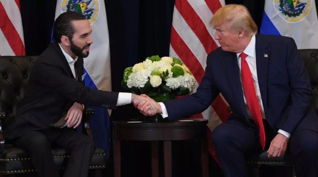 El presidente de Estados Unidos, Donald Trump, y el mandatario salvadoreño, Nayib Bukele, se dan la mano mientras mantienen una reunión en Nueva York, el 25 de septiembre de 2019 © SAUL LOEB / AFP/Archivos